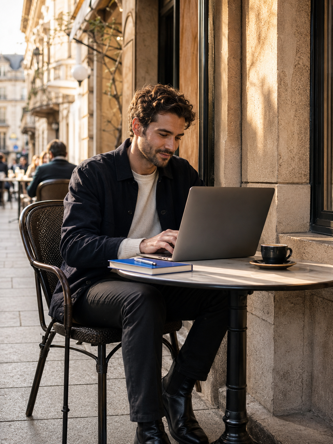 Profissional jovem trabalhando em laptop em café europeu