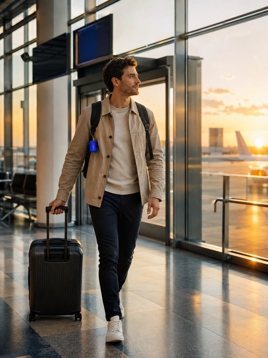 Viajante jovem com mala em aeroporto europeu