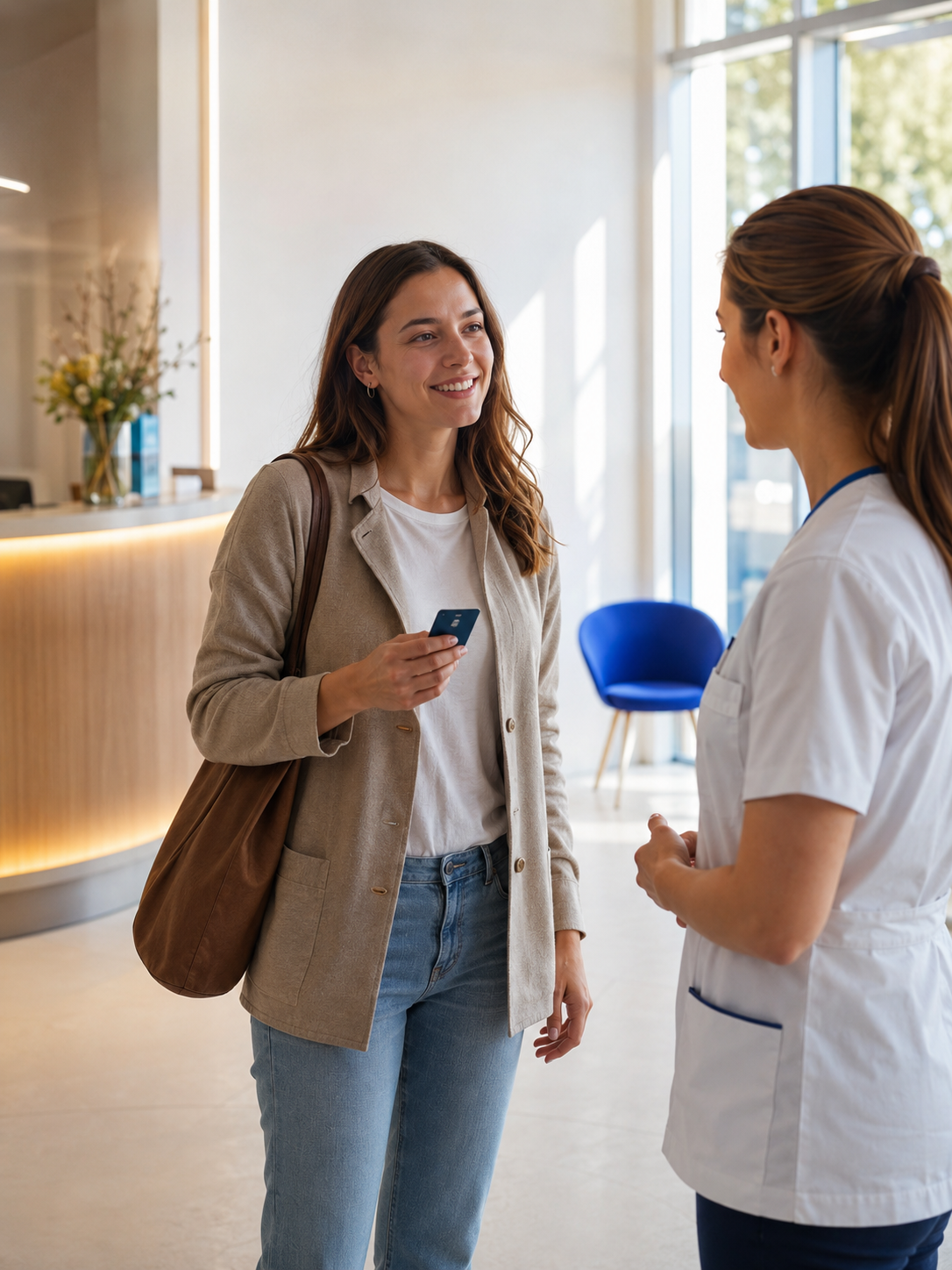 Jovem sorrindo em clínica pública moderna e luminosa