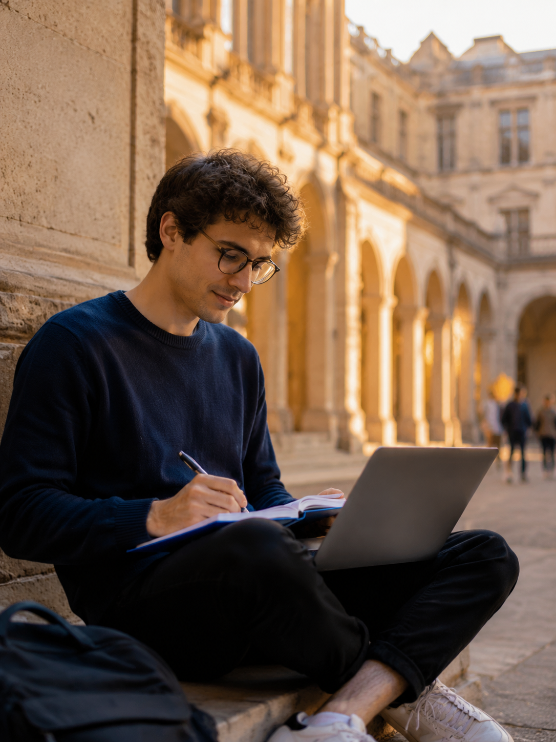 Estudante com mochila em campus universitário europeu